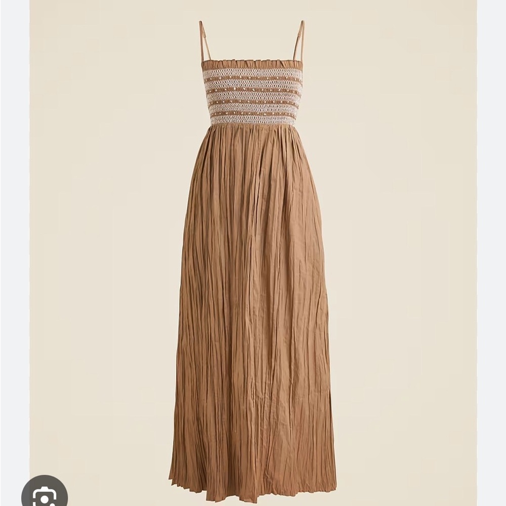 Jcrew Smocked Bodice Spaghetti Strap Maxi Dress in Camel